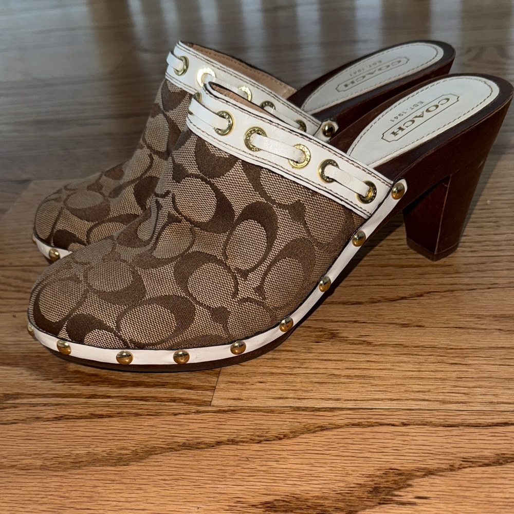 Coach Signature Brown and White Clogs